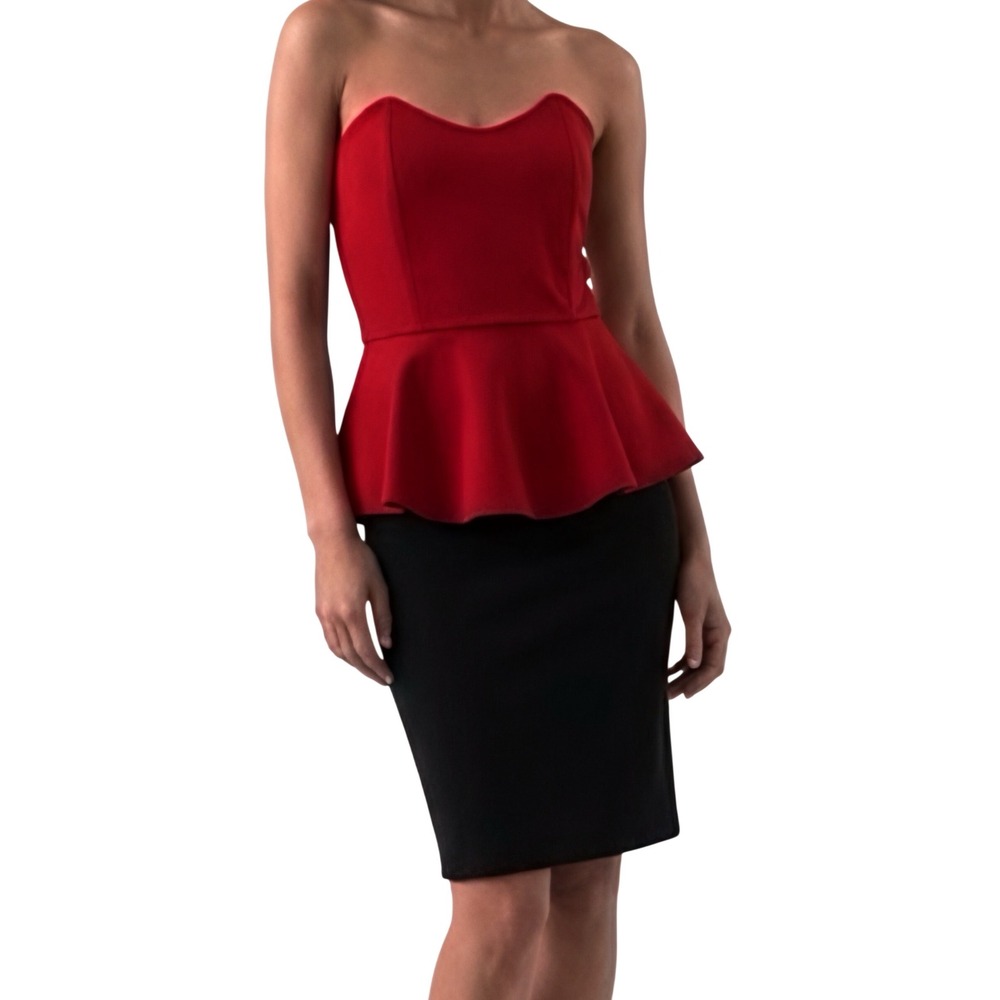 2b Bebe Womens Red Black Peplum Strapless Bodycon Dress Size M Sweetheart Neck